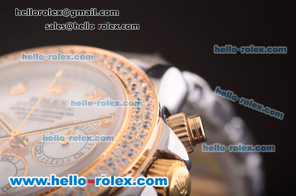 Rolex Daytona Chronograph Swiss Valjoux 7750 Automatic Movement Two Tone with Diamond Bezel and MOP Dial - Click Image to Close